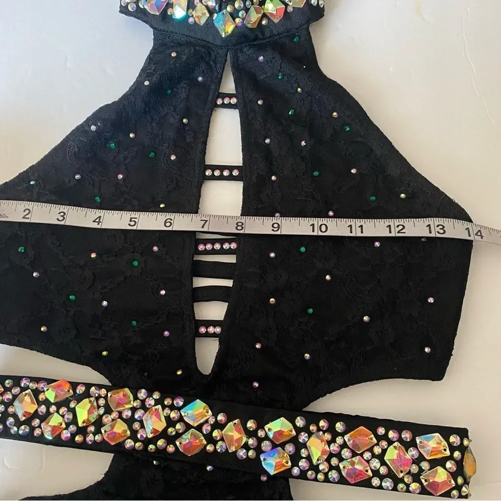 Glamour solo custom dance costume black leotard illusion MA-Medium adult